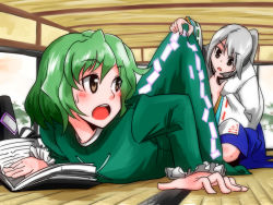 Rule 34 | 2girls, bad id, bad pixiv id, blue skirt, blush, book, brown eyes, clothes lift, commentary request, curious, dress, dress lift, embarrassed, female pervert, finger to own chin, green dress, green hair, hat, unworn hat, head tilt, unworn headwear, indoors, japanese clothes, kai (gunbollgx), long hair, looking back, lying, mononobe no futo, multiple girls, on stomach, open book, open mouth, pervert, ponytail, short hair, silver hair, skirt, soga no tojiko, squatting, teeth, tongue, touhou