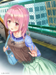 Rule 34 | 1girl, bad id, bad pixiv id, bag, blue shirt, blush, bow, commentary request, green skirt, looking at viewer, open mouth, original, pink eyes, pink hair, shiroi yuumi, shirt, short hair, skirt, solo, tareme, train station