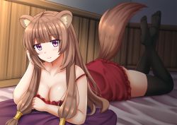 Rule 34 | 1girl, animal ear fluff, animal ears, bare arms, bare shoulders, bed sheet, black thighhighs, blunt bangs, blush, breasts, brown hair, cleavage, closed mouth, collarbone, commentary, dress, head tilt, highres, kazenokaze, legs up, long hair, lying, medium breasts, no shoes, on stomach, pillow, purple eyes, raccoon ears, raccoon girl, raccoon tail, raphtalia, red dress, skindentation, sleeveless, sleeveless dress, smile, soles, solo, strap slip, tail, tail raised, tate no yuusha no nariagari, thighhighs