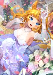 Rule 34 | 1girl, absurdres, animal ear fluff, animal ears, arm up, armpits, blonde hair, blue eyes, bouquet, breasts, cleavage, commentary, crying, crying with eyes open, dress, elbow gloves, fangs, flower, flower wreath, fox ears, fox girl, gloves, halter dress, halterneck, hand up, highres, jewelry, lips, long hair, looking at viewer, looking up, medium breasts, mole, mole on breast, mole under mouth, necklace, open hand, open mouth, original, parted bangs, petals, pink flower, pink rose, red lips, revision, ring, rose, see-through, see-through cleavage, tears, wedding dress, white dress, white flower, white gloves, white rose, yaya (88cha)