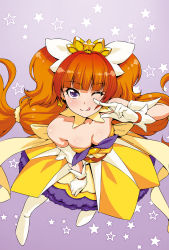 Rule 34 | 1girl, ;q, amanogawa kirara, bare shoulders, boots, breasts, choker, cleavage, cure twinkle, downblouse, earrings, from above, gloves, go! princess precure, jewelry, kazuma muramasa, long hair, looking at viewer, magical girl, one eye closed, orange hair, precure, purple background, purple eyes, small breasts, solo, star (symbol), star earrings, starry background, thigh boots, thighhighs, tongue, tongue out, twintails, white gloves, white thighhighs