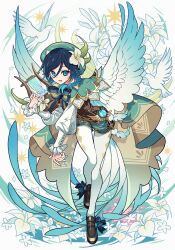 Rule 34 | 1boy, :&gt;, angel wings, aqua hair, beret, bird, black bow, black bowtie, black hair, bow, bowtie, braid, brown bow, brown bowtie, brown footwear, cape, commentary, dove, feathered wings, floral background, flower, frilled sleeves, frills, full body, genshin impact, gradient hair, grass, green cape, green eyes, green hat, harp, hat, hat flower, highres, holding, holding instrument, instrument, juliet sleeves, leaning forward, long sleeves, looking at viewer, male focus, meremero, multicolored hair, orange flower, pantyhose, pink flower, puffy sleeves, short hair, shorts, simple background, solo, sparkle, striped bow, striped bowtie, striped clothes, twin braids, venti (genshin impact), vision (genshin impact), white background, white flower, white pantyhose, wings