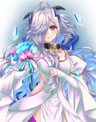 Rule 34 | 1girl, ahoge, asymmetrical hair, bare shoulders, bouquet, crystal, detached sleeves, dress, eitr (fire emblem), fire emblem, fire emblem heroes, flower, goat horns, highres, holding, holding own hair, horns, impossible clothes, kakiko210, long hair, looking at viewer, nintendo, parted lips, red eyes, solo, white dress, white hair
