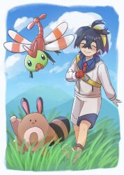Rule 34 | 1boy, aritsune01, black hair, blue shirt, blush, border, closed eyes, cloud, collared shirt, colored inner hair, commentary request, creatures (company), crossed bangs, day, game freak, gen 2 pokemon, gloves, grass, grin, hair between eyes, highres, jacket, kieran (pokemon), knees, male focus, mole, mole on neck, multicolored hair, necktie, nintendo, outdoors, pokemon, pokemon (creature), pokemon sv, red gloves, red necktie, sentret, shirt, shoes, shorts, single glove, sky, smile, teeth, white border, white jacket, white shorts, yanma