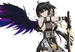 Rule 34 | 1girl, ahoge, bandaged arm, bandages, bare shoulders, black bow, black dress, black gloves, black hair, black wings, bow, breasts, cleavage, commentary request, cowboy shot, dress, female rover (wuthering waves), gloves, hair between eyes, hair bow, hair intakes, hair ornament, hair ribbon, hairclip, highres, holding, holding sword, holding weapon, korean commentary, lancer (worudrleh1), large breasts, long hair, looking at viewer, parted lips, partially fingerless gloves, ribbon, rover (wuthering waves), sideboob, sidelocks, simple background, single wing, solo, sword, thighs, weapon, white background, wings, wuthering waves, yellow eyes, yellow ribbon, yellow tassel