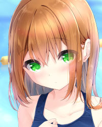 Rule 34 | 1girl, bare shoulders, blue one-piece swimsuit, blush, brown hair, closed mouth, collarbone, commentary request, green eyes, hair between eyes, hand up, highres, kouda suzu, long hair, looking at viewer, one-piece swimsuit, original, school swimsuit, solo, swimsuit
