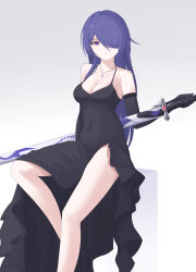 Rule 34 | 1girl, absurdres, acheron (honkai: star rail), bare legs, bare shoulders, black gloves, breasts, cleavage, commentary, covered navel, elbow gloves, foot out of frame, gloves, gradient background, grey background, highres, honkai: star rail, honkai (series), katana, long hair, looking at viewer, nanashi1329, purple eyes, purple hair, scabbard, sheath, sheathed, sitting, small breasts, solo, sword, very long hair, weapon