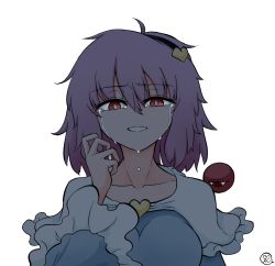 Rule 34 | alternate breast size, blouse, blue shirt, blush, commentary request, eyeball, frilled sleeves, frills, hair between eyes, hairband, heart, highres, komeiji satori, long sleeves, looking at viewer, medium hair, purple hair, red eyes, scavia10, shirt, simple background, solo, tears, third eye, touhou, white background, wide sleeves