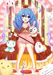 Rule 34 | 10s, 1girl, :d, absurdres, artist name, bare legs, bird, blue eyes, blue hair, blush, cape, chicken, confetti, creature, crown, date a live, dated, dress, eyepatch, full body, fur trim, happy birthday, hat, head tilt, highres, holding, holding staff, jewelry, long hair, looking at viewer, mini crown, necklace, neps-l, open mouth, party hat, pink dress, red cape, shoes, sitting, slippers, smile, staff, striped, striped background, stuffed animal, stuffed rabbit, stuffed cat, stuffed chicken, stuffed toy, teddy bear, vertical stripes, wavy hair, yoshino (date a live), yoshinon