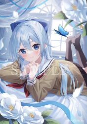 Rule 34 | 1girl, bed sheet, black skirt, black socks, blue hair, bow, brown serafuku, bug, butterfly, copyright name, curtains, flower, full body, hair between eyes, hair bow, insect, jimmy madomagi, looking at viewer, neckerchief, nijisanji, official art, petals, red neckerchief, sailor collar, sample watermark, school uniform, serafuku, skirt, socks, solo, virtual youtuber, watermark, white flower, white sailor collar, window, yukishiro mahiro, yukishiro mahiro (2nd costume)