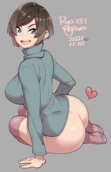 Rule 34 | 1girl, agawa ryou, arm support, artist name, ass, blue eyes, blue sweater, bottomless, breasts, brown hair, commentary, dated, english commentary, from behind, grey background, heart, large breasts, long sleeves, looking at viewer, looking back, no panties, numbered, on floor, open mouth, original, pink thighhighs, short hair, sidelocks, simple background, sitting, smile, solo, sweater, swept bangs, teeth, thighhighs, turtleneck, upper teeth only, v-shaped eyebrows