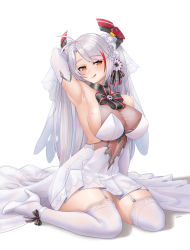 Rule 34 | 1girl, :q, absurdres, antenna hair, armpits, azur lane, bare shoulders, bow, breasts, bridal gauntlets, bridal veil, bride, cleavage, dress, garter straps, headgear, high heels, highres, large breasts, long hair, looking at viewer, mole, mole on breast, multicolored hair, official alternate costume, orange eyes, prinz eugen (azur lane), prinz eugen (symphonic fate) (azur lane), red hair, see-through, shoes, simple background, sitting, sleeveless, sleeveless dress, solo, streaked hair, thighhighs, tongue, tongue out, two-tone hair, veil, very long hair, wariza, wedding dress, white background, white dress, white footwear, white hair, whitter