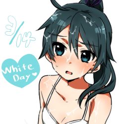 Rule 34 | 1girl, breasts, cleavage, cum, cum on body, cum on hair, cum on upper body, facial, green hair, highres, open mouth, pixiv sample, resized, saegusa wakaba, solo, sorimachi-doufu, vividred operation, white background, white day