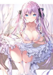 Rule 34 | 1girl, absurdres, areola slip, arm under breasts, blue eyes, blurry, blurry background, blush, braid, breasts, cameltoe, cleavage, cleft of venus, closed mouth, collarbone, commentary request, curtains, dress, frilled dress, frills, gluteal fold, hair between eyes, hair intakes, hair ribbon, highres, indoors, knees together feet apart, long hair, looking at viewer, medium breasts, original, purple hair, ribbon, solo, thigh gap, thighhighs, very long hair, watagashi yui, white dress, white thighhighs, window