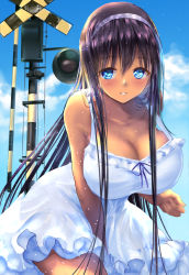 Rule 34 | 1girl, bad id, bad pixiv id, black hair, blue eyes, blush, breasts, cloud, cloudy sky, dark skin, dark-skinned female, day, dress, large breasts, leaning forward, long hair, looking at viewer, md5 mismatch, original, parted lips, ponytail korosuke, signpost, sky, smile, solo, white dress