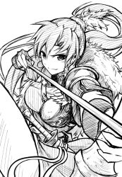 Rule 34 | 1girl, arrow (projectile), bow (weapon), breasts, closed mouth, earrings, feathers, fingerless gloves, fire emblem, fire emblem: the blazing blade, fire emblem heroes, gloves, jewelry, large breasts, long hair, looking at viewer, lyn (brave lady) (fire emblem), lyn (fire emblem), monochrome, nintendo, official alternate costume, ponytail, simple background, solo, sword, ten (tenchan man), upper body, weapon, white background