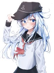 Rule 34 | 1girl, absurdres, anchor symbol, black hat, black sailor collar, black skirt, blue eyes, blush, closed mouth, dfd, flat cap, hair between eyes, hat, hibiki (kancolle), highres, kantai collection, long hair, long sleeves, neckerchief, pleated skirt, red neckerchief, sailor collar, school uniform, serafuku, simple background, skirt, solo, white background, white hair