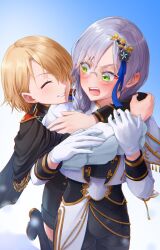 2girls absurdres arms_around_neck blonde_hair blush capelet closed_eyes glasses gloves green_eyes grey_hair hair_over_one_eye hair_over_shoulder heaven_burns_red highres hug hug_from_behind izumi_yuki_(heaven_burns_red) kayamori_ruka long_hair long_sleeves low-tied_long_hair multiple_girls narumi_sage round_eyewear short_hair white_gloves yuri