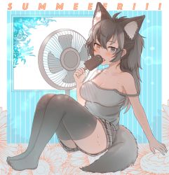 Rule 34 | 10s, 1girl, ahoge, alternate costume, ancolatte (onikuanco), animal ears, backlighting, bad id, bad twitter id, bare arms, bare shoulders, black thighhighs, blue eyes, blush, breasts, camisole, casual, cleavage, collarbone, contemporary, electric fan, extra ears, fang, floral background, food, full body, grey camisole, grey hair, grey shorts, grey wolf (kemono friends), hair between eyes, hand up, heterochromia, highres, holding, ice cream, kemono friends, knees up, lens flare, licking, long hair, looking at viewer, medium breasts, off shoulder, outstretched arm, plaid, plaid shorts, ponytail, red eyes, shorts, sitting, solo, strap slip, summer, sweat, symbol-only commentary, tail, thighhighs, upshorts, window, wolf ears, wolf tail