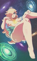 Rule 34 | 1girl, ass, bare shoulders, barefoot, benbeau, blonde hair, blue eyes, blue leotard, breasts, cleavage, closed mouth, collarbone, crown, earrings, feet, floating, full body, galaxy, hair over one eye, highres, jewelry, large breasts, legs, leotard, long hair, mario (series), nintendo, rosalina, shiny skin, smile, solo, space, star (symbol), star earrings, super mario galaxy, toes, tongue, tongue out