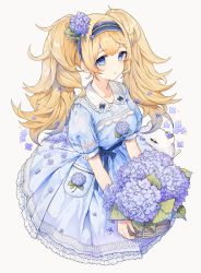 Rule 34 | 1girl, 1other, abyssal ship, alternate costume, blonde hair, blue dress, blue eyes, blush, collarbone, collared dress, dress, enemy lifebuoy (kancolle), flower, gambier bay (kancolle), grey background, hair between eyes, highres, holding, hydrangea, kantai collection, long hair, malachite, purple flower, short sleeves, simple background, star (symbol), twintails, white background
