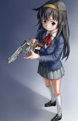 Rule 34 | 1girl, black eyes, black footwear, black hair, blazer, blue jacket, blush, bow, bowtie, closed mouth, collared shirt, commentary request, doraemon: nobita no biohazard, expressionless, full body, grey skirt, gun, hairband, handgun, highres, holding, holding gun, holding weapon, jacket, kneehighs, loafers, long hair, looking at viewer, midorikawa seina, morgan (adfx01f), pleated skirt, red bow, red bowtie, revolver, shirt, shoes, skirt, smith &amp; wesson, socks, solo, standing, weapon, white shirt, white socks, yellow hairband