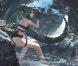 Rule 34 | 1girl, aito, arknights, bare shoulders, bikini, black bikini, black gloves, black hat, breasts, crocodilian tail, day, fingerless gloves, from behind, gavial (arknights), gloves, green hair, hand up, hat, highres, large tail, long hair, looking at viewer, looking back, official alternate costume, outdoors, parted lips, pointy ears, pond, ponytail, rock, small breasts, smile, soaking feet, solo, swimsuit, tail, thigh strap, very long hair, visor cap, water, yellow eyes