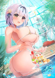 Rule 34 | 1girl, absurdres, alicia renato (yashiro sousaku), ass, bikini, breasts, candy, commentary request, conservatory, dessert, flower, food, fujinomiya rio, hair flower, hair ornament, hair ribbon, hetero, highres, holding, huge breasts, indoors, macaron, open mouth, original, parfait, partially submerged, pool, red eyes, ribbon, short hair, sideboob, smile, solo, standing, sweets, swimsuit, teeth, thighs, tray, twisted torso, underboob, upper teeth only, wading, water drop, white bikini, white hair, window, yellow eyes