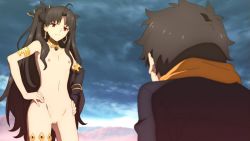 Rule 34 | 1boy, 1girl, armlet, black gloves, black hair, black ribbon, breasts, cleft of venus, crown, earrings, elbow gloves, fate/grand order, fate (series), fingerless gloves, fujimaru ritsuka (male), gem, gloves, hair ribbon, hoop earrings, ishtar (fate), ishtar (fate), jewelry, long hair, navel, neck ring, nipples, nude, nude filter, pussy, red eyes, revealing clothes, ribbon, single elbow glove, single glove, standing, thighlet, third-party edit, tohsaka rin, two side up, type-moon, wavy hair