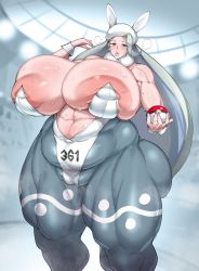 Rule 34 | 1girl, abs, absurdres, adapted costume, alternate breast size, areola slip, big hair, bodysuit, breasts, cameltoe, cleavage, creatures (company), eye contact, game freak, giant, giantess, gigantic breasts, half-closed eyes, hat, heavy breathing, highres, huge areolae, huge breasts, inverted nipples, long hair, looking at another, looking at viewer, melony (pokemon), muscular, muscular female, natedecock, nervous sweating, nintendo, plump, pokemon, pokemon swsh, silver hair, solo, sweat, thick thighs, thigh gap, thighs, wide hips