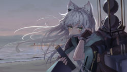 Rule 34 | 1girl, animal ear fluff, animal ears, arknights, backpack, bag, beach, black coat, black gloves, book, bracelet, cat ears, closed mouth, cloud, cloudy sky, coat, crying, crying with eyes open, day, fingerless gloves, fingernails, floating hair, gloves, green eyes, hand up, highres, holding, holding book, hood, hood down, infection monitor (arknights), jewelry, long fingernails, long hair, looking at viewer, ocean, open clothes, open coat, rosmontis (arknights), silver hair, sky, solo, tears, timitarcat, upper body, wind
