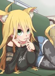 Rule 34 | 1girl, :p, animal ears, breasts, cat ears, cat tail, ekusiregaia, green eyes, hoshii miki, idolmaster, idolmaster (classic), jewelry, large breasts, looking at viewer, lying, necklace, on side, pantyhose, solo, star (symbol), star print, tail, tongue, tongue out
