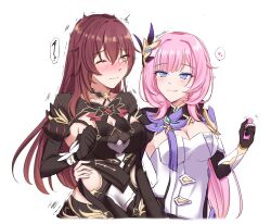 Rule 34 | 2girls, black dress, black gloves, blue eyes, blush, breasts, brown hair, cleavage, cleavage cutout, closed mouth, clothing cutout, dress, eden (honkai impact), elf, elysia (honkai impact), elysia (miss pink elf) (honkai impact), gloves, hair ornament, heart, highres, holding, honkai (series), honkai impact 3rd, komitaki, large breasts, long hair, long sleeves, medium breasts, multiple girls, one eye closed, pink hair, pointy ears, ponytail, sex toy, shirt, shrug (clothing), simple background, single glove, smile, spoken heart, upper body, white background, white shirt, yellow eyes, yuri