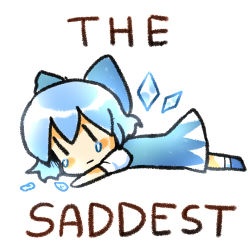 Rule 34 | 1girl, :|, artist request, blue bow, blue dress, blue footwear, blue hair, blush stickers, bow, chibi, cirno, closed mouth, dress, english text, from side, full body, hair between eyes, hair bow, looking at viewer, looking to the side, lowres, lying, meme, no nose, on stomach, outstretched arm, sad, short hair, short sleeves, simple background, solo, source request, tearing up, tears, touhou, white background, wings, | |