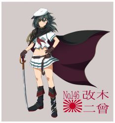 Rule 34 | &gt;:), 10s, 1girl, ammunition belt, asymmetrical footwear, belt pouch, black footwear, blush, boots, brown gloves, cape, character name, closed mouth, crop top, cutlass, eyepatch, full body, gloves, green eyes, green hair, hand on own hip, hat, kantai collection, kiso (kancolle), kiso kai ni (kancolle), long hair, looking at viewer, matching hair/eyes, miniskirt, mismatched footwear, mokkei, navel, neckerchief, pleated skirt, pouch, sailor hat, school uniform, serafuku, short sleeves, skirt, smile, solo, stomach, uneven footwear, v-shaped eyebrows