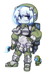 Rule 34 | 1girl, alien, black eyes, bodysuit, boots, breasts, cleft of venus, closed mouth, colored nipples, colored skin, contrapposto, creature and personification, detached sleeves, full body, gloves, green gloves, green sleeves, grey hair, grey skin, hand on own hip, helmet, holding, holding wrench, large breasts, long sleeves, martian engineer, no nose, nyong nyong, personification, purple nipples, purple pussy, pussy, short hair, simple background, solo, space helmet, standing, terraria, thigh boots, torn bodysuit, torn clothes, uncensored, white background, wrench