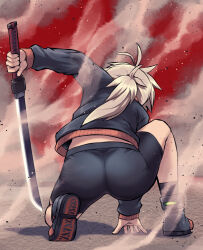 Rule 34 | 1girl, antenna hair, ass, bike shorts, black footwear, black jacket, black shorts, black socks, commentary request, dust, facing away, from behind, highres, holding, holding sword, holding weapon, jacket, katana, koshirae tsurugi (m.m), light brown hair, long sleeves, low ponytail, m.m, on one knee, original, ponytail, shoes, shorts, sleeves past wrists, socks, solo, sword, track jacket, weapon