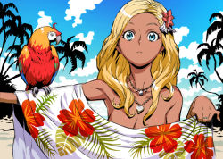 Rule 34 | 1girl, :&lt;, animal, animal on arm, beach, bird, bird on arm, blonde hair, blue eyes, blue sky, breasts, cleavage, closed mouth, cloud, cloudy sky, collarbone, dark-skinned female, dark skin, day, eyelashes, fingernails, floral print, flower, forehead, hair flower, hair ornament, heart, heart necklace, hibiscus print, hoby, holding, jewelry, long fingernails, long hair, looking at viewer, necklace, nude, original, outdoors, palm tree, parrot, ring, sand, sky, solo, towel, tree, upper body