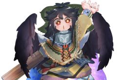 1girl alternate_costume arm_cannon arm_up black_hair black_wings blush bow cape clothing_request commentary_request control_rod_(touhou) cowboy_shot feathered_wings green_bow hair_bow highres long_hair looking_at_viewer open_mouth patterned_clothing poncho print_cape radiation_symbol-shaped_pupils red_eyes reiuji_utsuho rn_(sbr2933090) simple_background solo starry_sky_print symbol-shaped_pupils third_eye touhou two-sided_cape two-sided_fabric weapon white_background white_cape wings