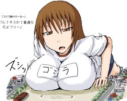 Rule 34 | 1girl, breasts, brown eyes, brown hair, exercising, fang, giant, giantess, gym uniform, impossible clothes, impossible shirt, large breasts, school, shirt, terada ochiko