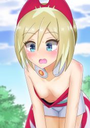 Rule 34 | 1girl, absurdres, bare shoulders, blonde hair, blue eyes, blush, breasts, cleavage, cloud, creatures (company), downblouse, extended downblouse, game freak, highres, irida (pokemon), katsuragi b k, leaning forward, navel, nintendo, no bra, open mouth, outdoors, pokemon, pokemon legends: arceus, short hair, shorts, sky, small breasts, solo