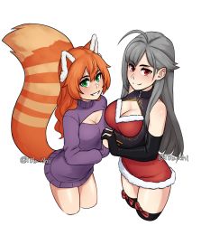 Rule 34 | 2girls, absurdres, ahoge, animal ears, artist name, bare shoulders, black gloves, bow, breasts, brown eyes, cleavage, cleavage cutout, clothing cutout, commentary, commission, cropped legs, dress, elbow gloves, fox ears, fox tail, fur trim, gloves, green eyes, grey hair, grin, highres, interlocked fingers, large breasts, long hair, looking at viewer, medium breasts, meme attire, mole, mole under eye, multiple girls, orange hair, original, purple sweater, red bow, red dress, red eyes, rob ishi, simple background, smile, sweater, tail, thighhighs, white background, zettai ryouiki