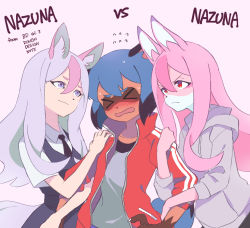 Rule 34 | &gt; &lt;, 3girls, animal ears, blue hair, blush, body fur, brand new animal, character name, closed mouth, double arm hug, dual persona, fox ears, fox girl, frown, furry, furry female, furry with furry, girl sandwich, grey jacket, hiwatashi nazuna, hoyon, jacket, jealous, kagemori michiru, long hair, long sleeves, looking at another, multicolored hair, multiple girls, open mouth, pink background, pink hair, purple eyes, purple hair, raccoon ears, raccoon girl, red eyes, red jacket, sandwiched, short sleeves, simple background, smile, two-tone hair