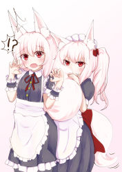 Rule 34 | !?, 2girls, animal ear fluff, animal ears, apron, autumn leaves (tail fox), blush, commentary request, covering face, dress, fang, fox ears, fox girl, fox tail, frilled cuffs, hair ribbon, maid, maid apron, maid headdress, medium hair, multiple girls, original, red eyes, red ribbon, ribbon, side ponytail, surprised, tail, tail grab, white hair, wrist cuffs