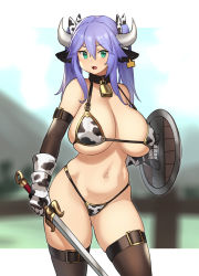 Rule 34 | 1girl, animal ears, animal print, armor, bare shoulders, bell, bikini, bikini armor, blue hair, breasts, cleavage, collar, collarbone, cow ears, cow girl, cow horns, cow print, cow print bikini, cowbell, cowboy shot, ear tag, fantasy, gauntlets, gloves, green eyes, hair between eyes, highres, horns, houtengeki, large breasts, long hair, looking at viewer, navel, neck bell, open mouth, original, print armor, print bikini, shield, sidelocks, skindentation, stomach, swimsuit, sword, thighhighs, thighs, twintails, v-shaped eyebrows, weapon