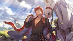 Rule 34 | 1boy, 1other, granblue fantasy, granblue fantasy versus: rising, horse, official art, outdoors, percival (granblue fantasy), red eyes, red hair, windmill