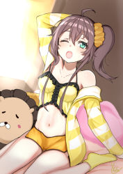Rule 34 | 1girl, absurdres, ahoge, arm behind head, bed, blue eyes, breasts, brown hair, camisole, ebi frion (natsuiro matsuri), frilled camisole, frills, hair between eyes, highres, hololive, indoors, jacket, long sleeves, looking at viewer, medium hair, natsuiro matsuri, natsuiro matsuri (matsuri&#039;s day off), navel, one eye closed, open mouth, orange shorts, scrunchie, short shorts, shorts, side ponytail, socks, solo, striped clothes, striped jacket, sunlight, virtual youtuber, white jacket, yawning, yellow camisole, yellow jacket, yellow scrunchie, yellow socks, yu yulia
