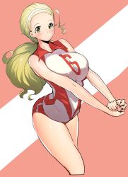 Rule 34 | 10s, 1girl, arched back, bare arms, bare shoulders, blonde hair, blush, breasts, closed mouth, cropped legs, girls und panzer, green eyes, hair pulled back, hair tie, hairband, huge breasts, long hair, looking at viewer, low ponytail, outstretched arms, own hands together, red background, red shirt, red shorts, sasaki akebi, sasaki tatsuya, shiny skin, shirt, short shorts, shorts, single vertical stripe, sleeveless, sleeveless shirt, smile, solo, sportswear, standing, tareme, two-tone background, v arms, volleyball uniform, white background, white hairband