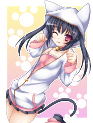 Rule 34 | 1girl, animal ears, bad id, bad pixiv id, blush, cat ears, cat girl, cat tail, female focus, gradient background, hood, hoodie, mikan (5555), one eye closed, original, solo, tail, tongue, twintails, wink