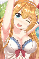 Rule 34 | 1girl, ;d, absurdres, ahoge, armpits, arms behind head, arms up, bare arms, bare shoulders, bikini, blonde hair, blue eyes, blush, breasts, cleavage, collarbone, commentary request, flower, hair flower, hair ornament, hairband, head tilt, highres, large breasts, long hair, looking at viewer, masa masa, nose blush, one eye closed, open mouth, pecorine (princess connect!), pecorine (summer) (princess connect!), princess connect!, rose, smile, solo, strap gap, sweat, swimsuit, upper body, water, white bikini
